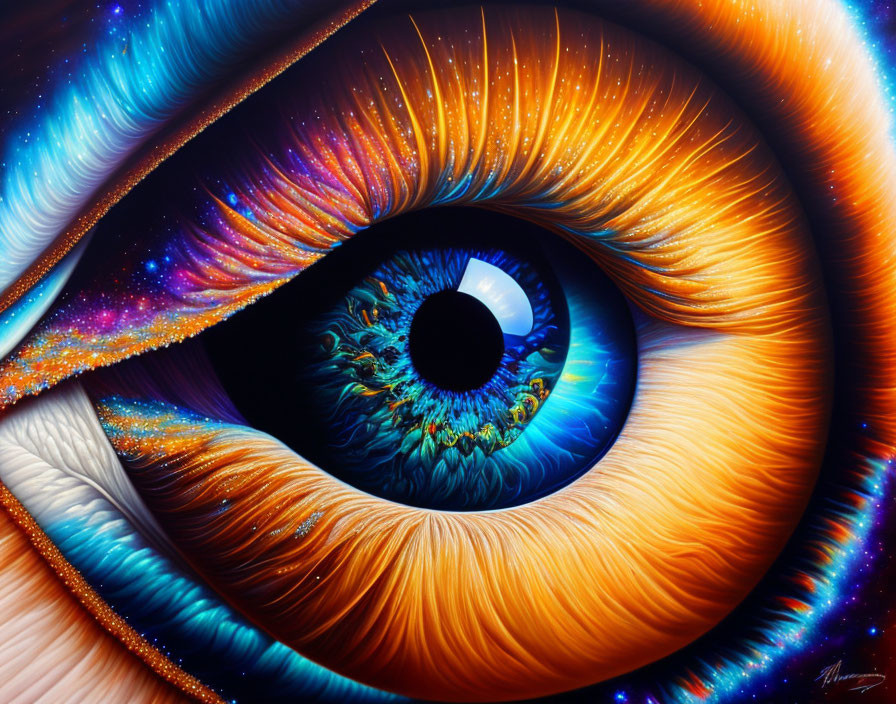 Digital artwork: Human eye with galaxy iris and fiery eyelashes