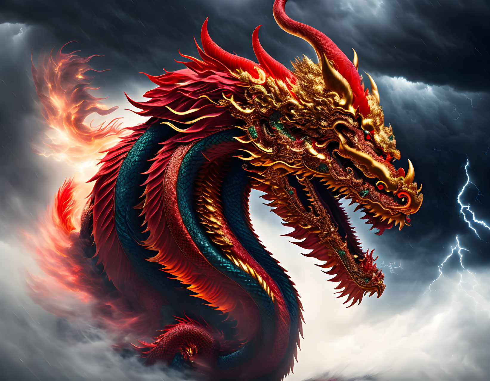 Majestic red and gold dragon in stormy sky with lightning bolts