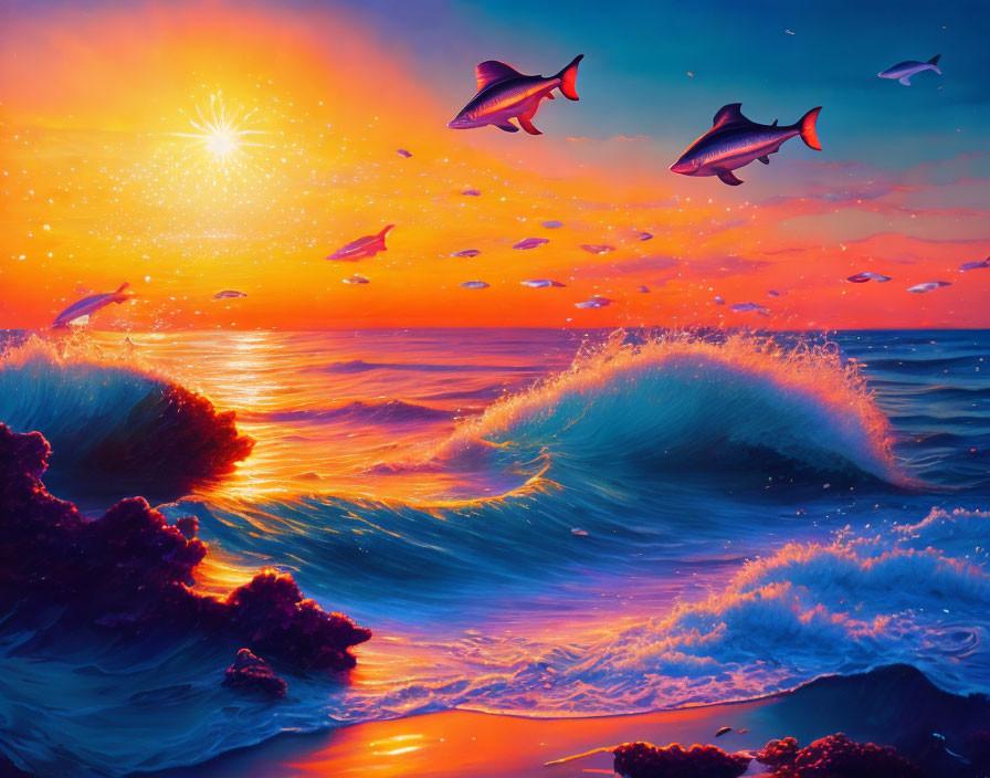 Colorful sunrise over churning ocean with flying fish and vibrant sky