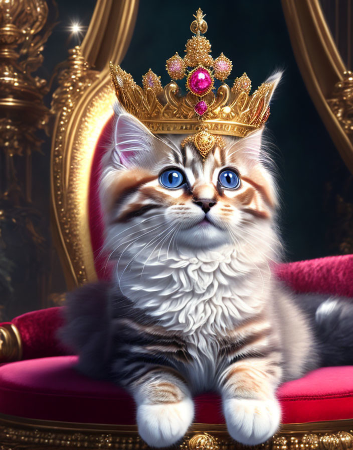 Fluffy Cat with Blue Eyes on Red Cushioned Throne