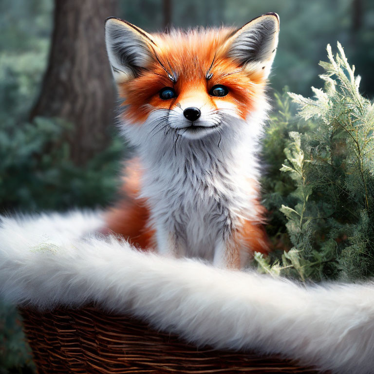 Red Fox in Wicker Basket Surrounded by Green Foliage