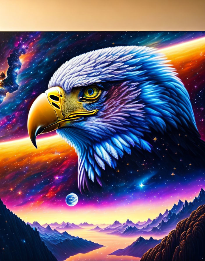 Detailed eagle head in cosmic backdrop with stars and mountains