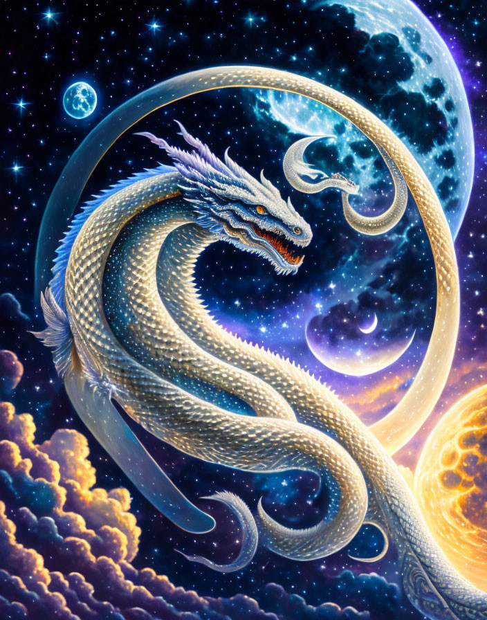 Mythical dragon with sun, moon planet in cosmic scene