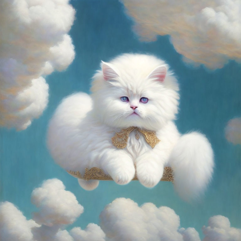 White Cat with Blue Eyes Floating in Clouds with Golden Collar