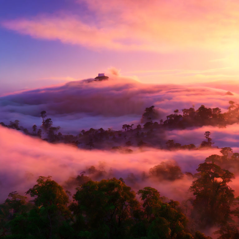 House on Hilltop Surrounded by Clouds at Sunrise