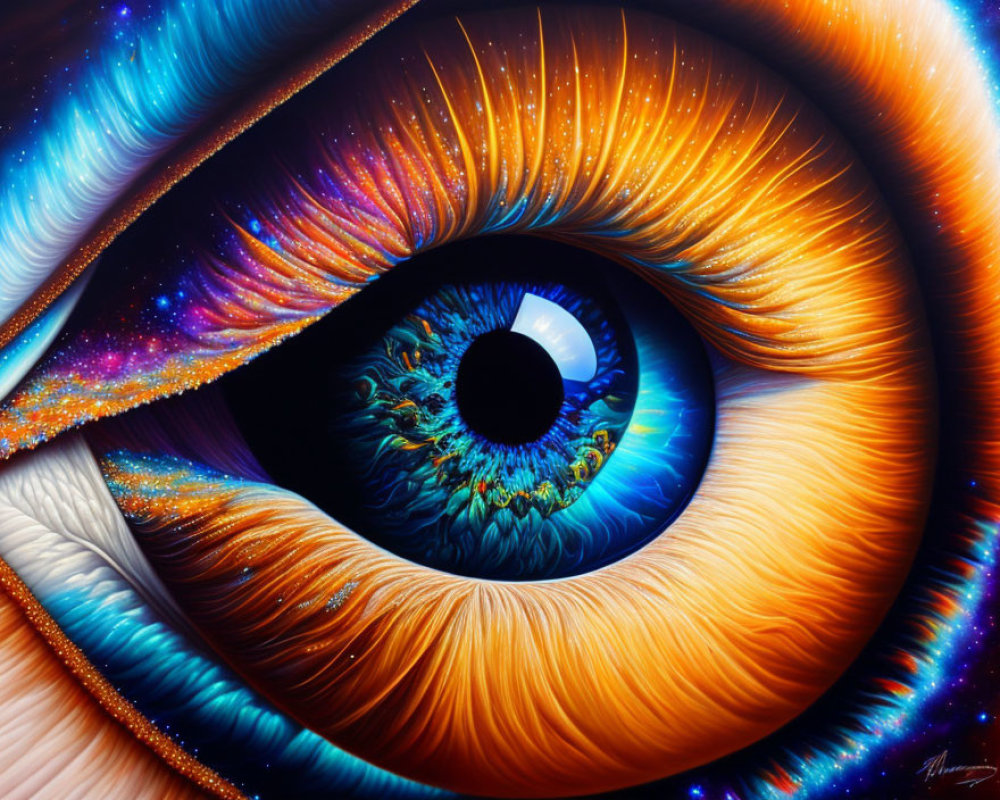 Digital artwork: Human eye with galaxy iris and fiery eyelashes