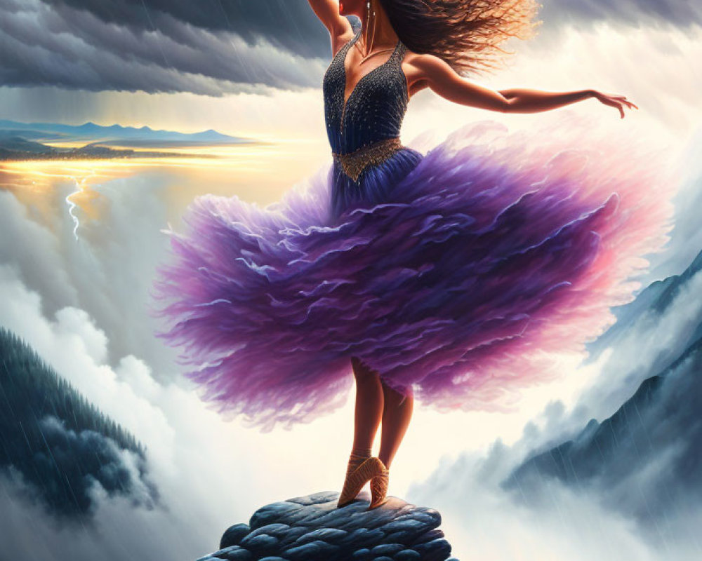 Woman in elegant gown on mountain peak with outstretched arm amidst lightning and sunset.