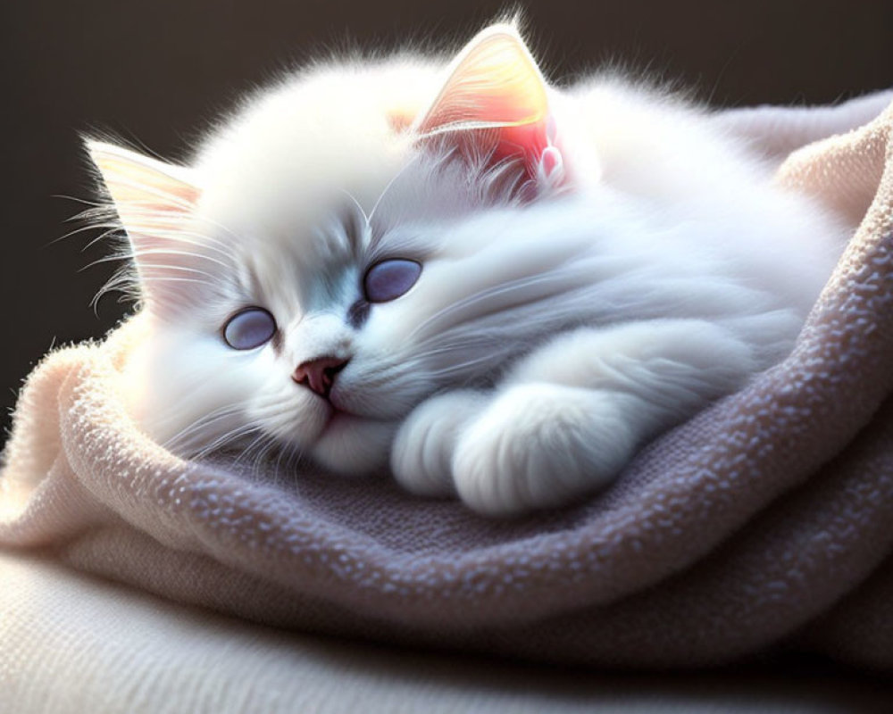 White Cat with Blue Eyes Cuddled in Beige Blanket