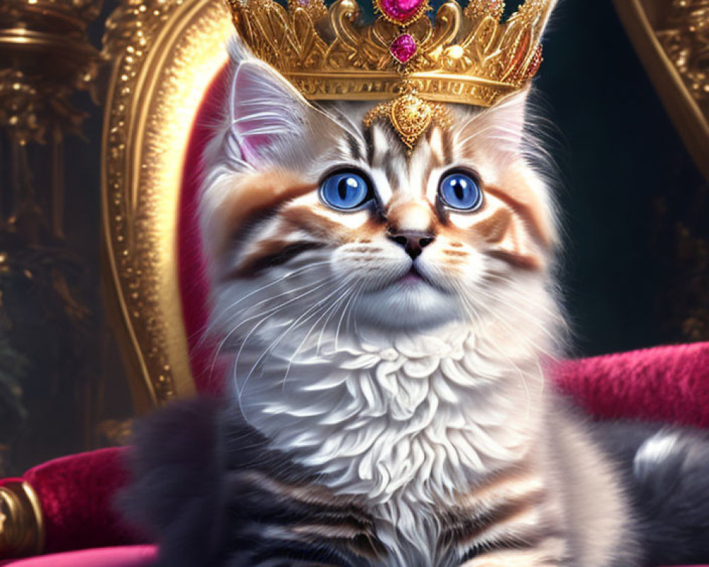 Fluffy Cat with Blue Eyes on Red Cushioned Throne