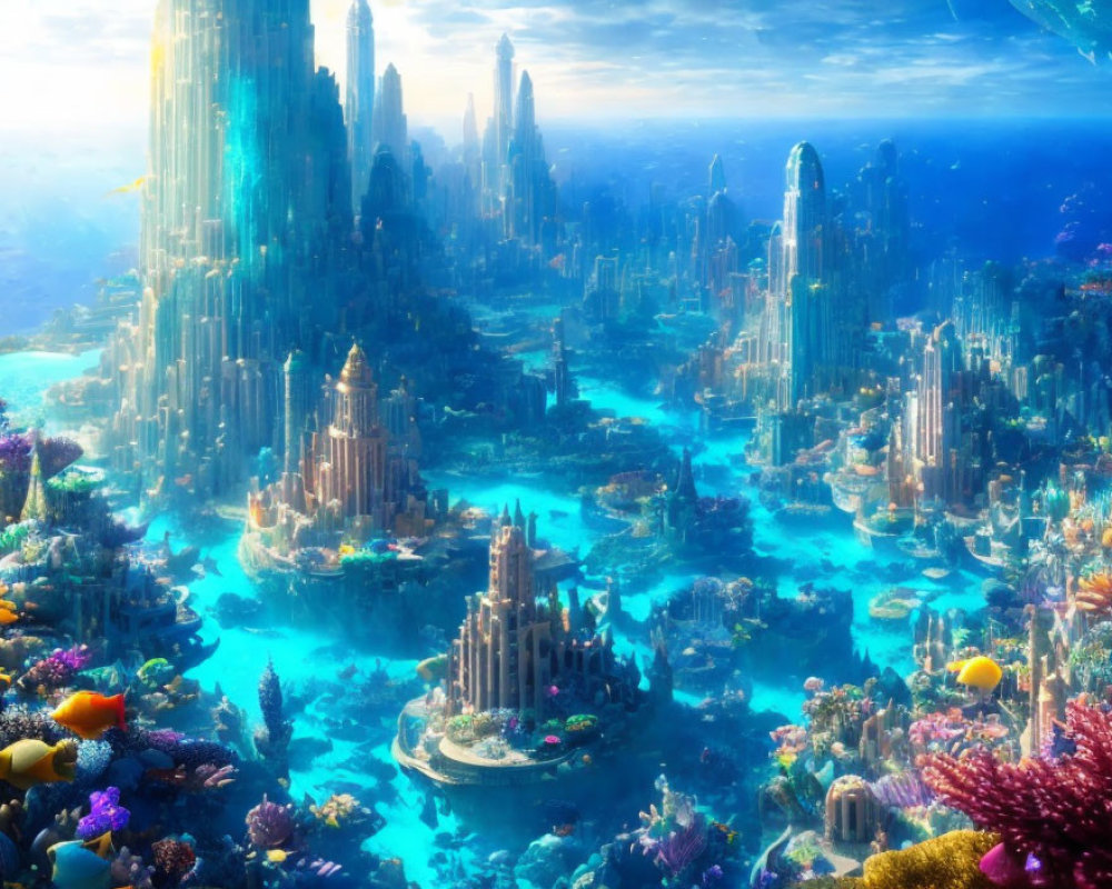 Colorful Coral Reefs and Towering Structures in Underwater City