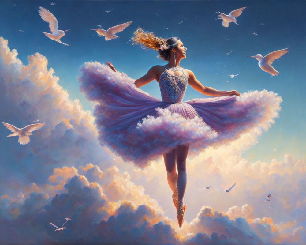 Woman dancing in flowing dress among clouds and birds in serene setting under soft glowing sky