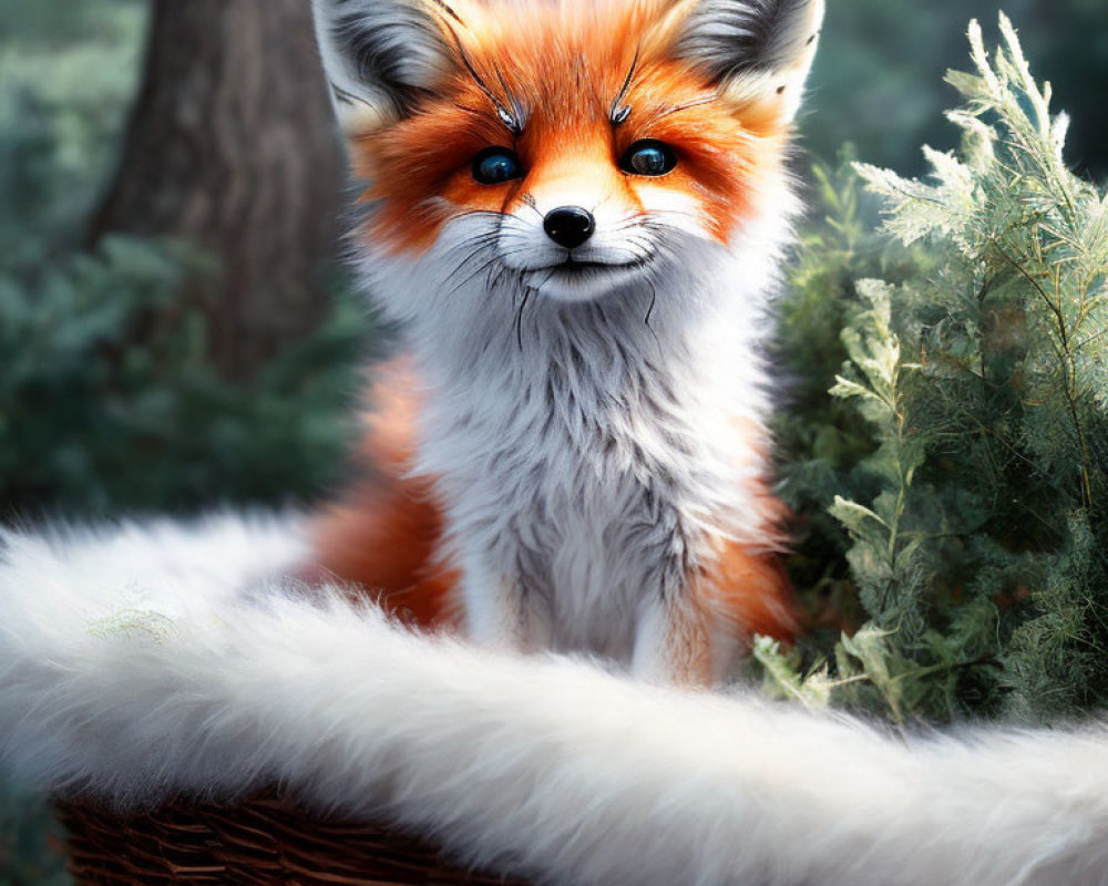 Red Fox in Wicker Basket Surrounded by Green Foliage