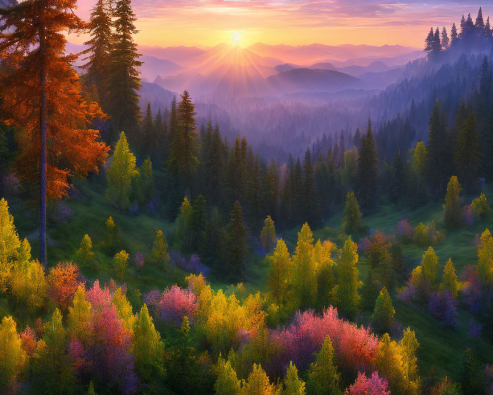 Vibrant forest at sunrise with colorful foliage and mountainous landscape