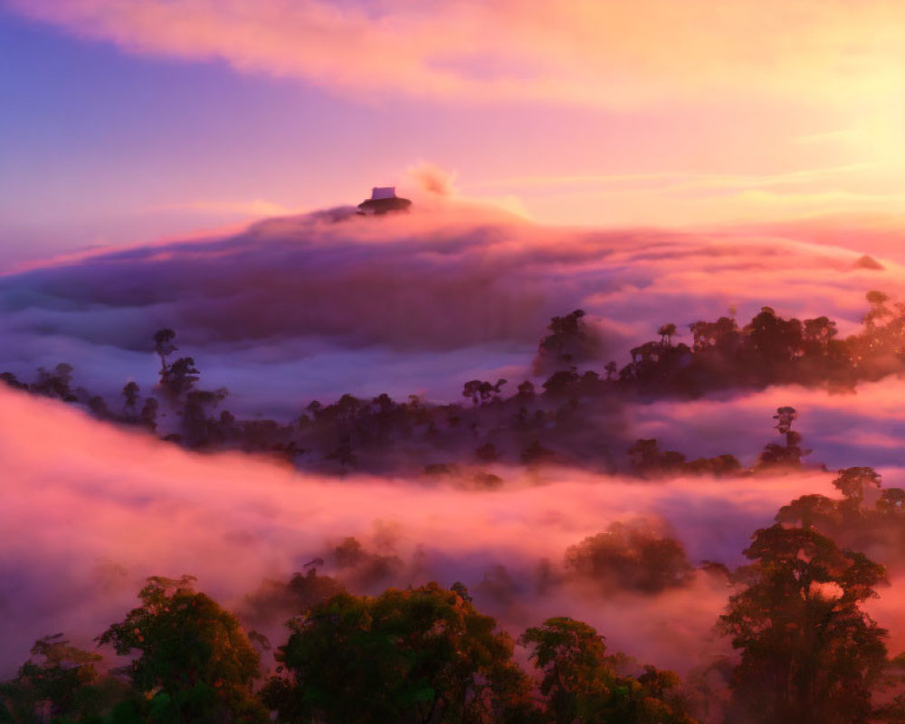 House on Hilltop Surrounded by Clouds at Sunrise