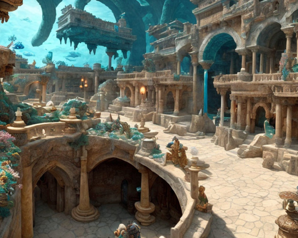 Fantasy underwater city with stone architecture and coral formations