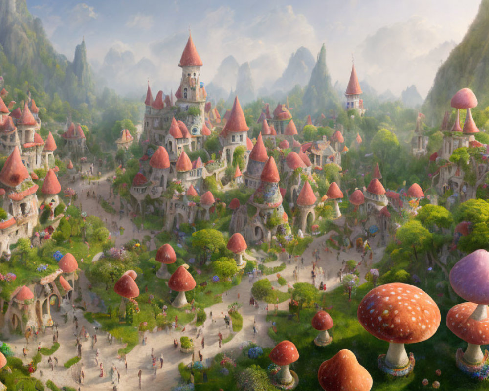 Whimsical Mushroom Village in Lush Mountain Setting