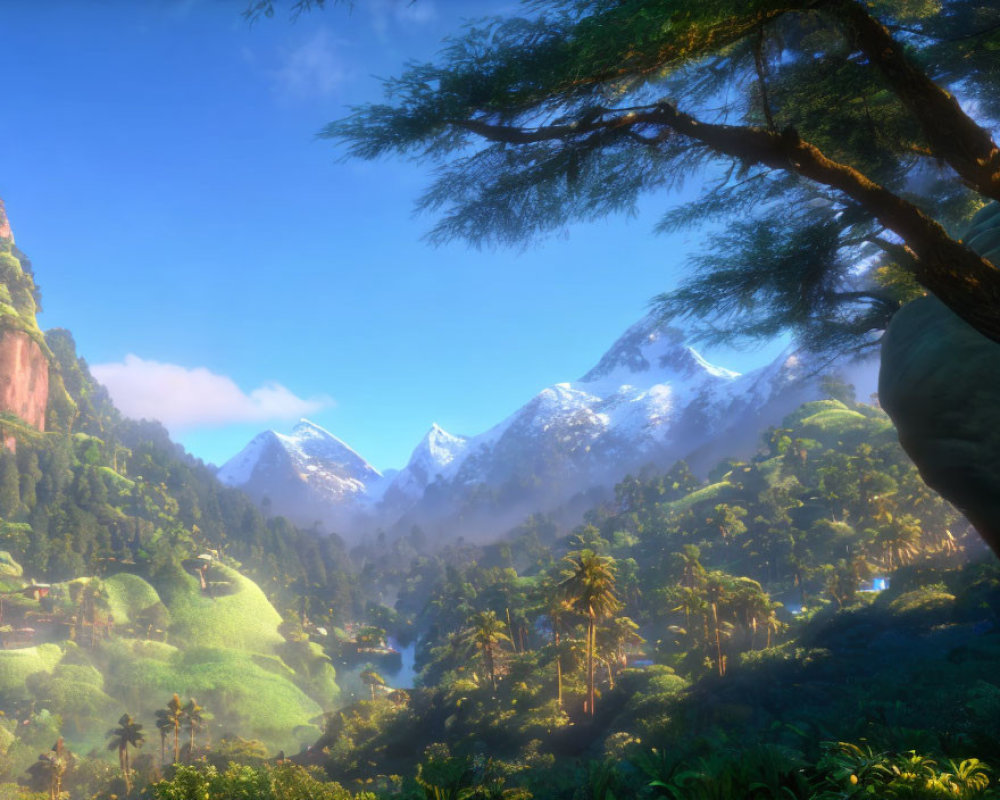 Scenic green landscape with towering mountains, dense forests, and clear blue sky