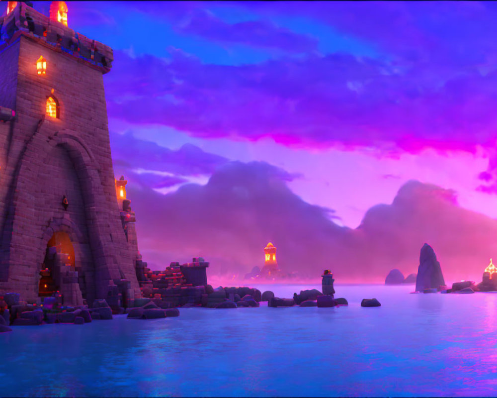 Vivid pink and purple sunset over calm sea with stone castle tower and distant glowing structures