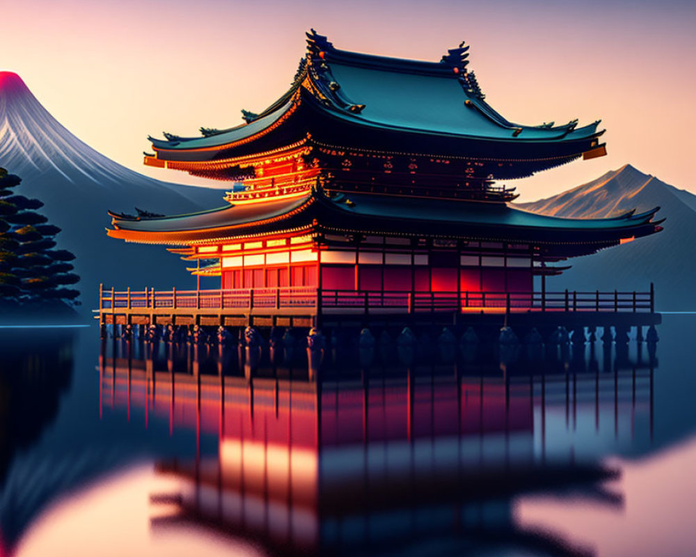 Traditional Japanese pagoda by serene lake with Mount Fuji at sunset.