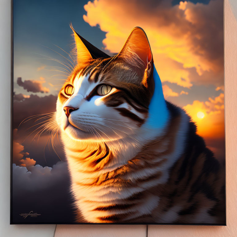 Striped Cat Digital Artwork with Sunlit Clouds on Canvas