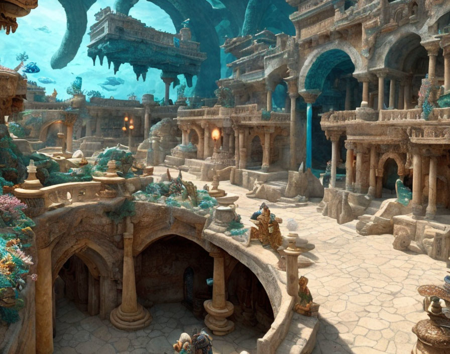 Fantasy underwater city with stone architecture and coral formations