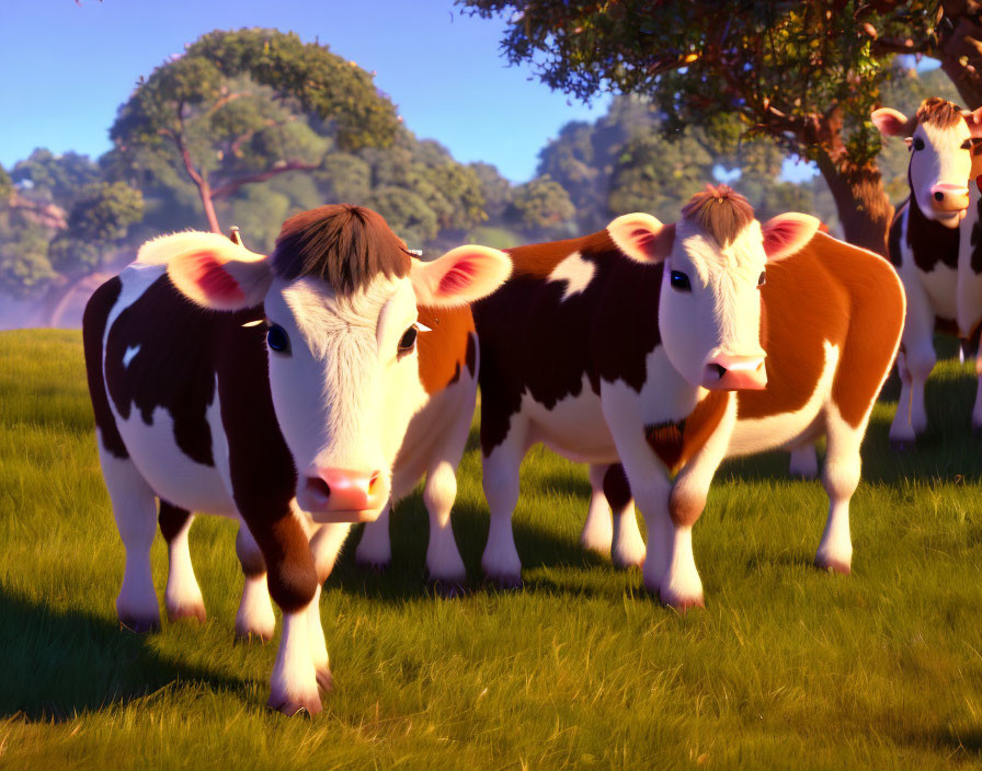 Three cartoon cows in sunny field with trees - Illustration