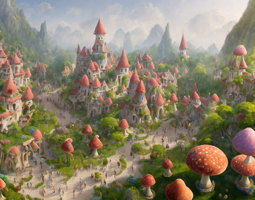 Whimsical Mushroom Village in Lush Mountain Setting