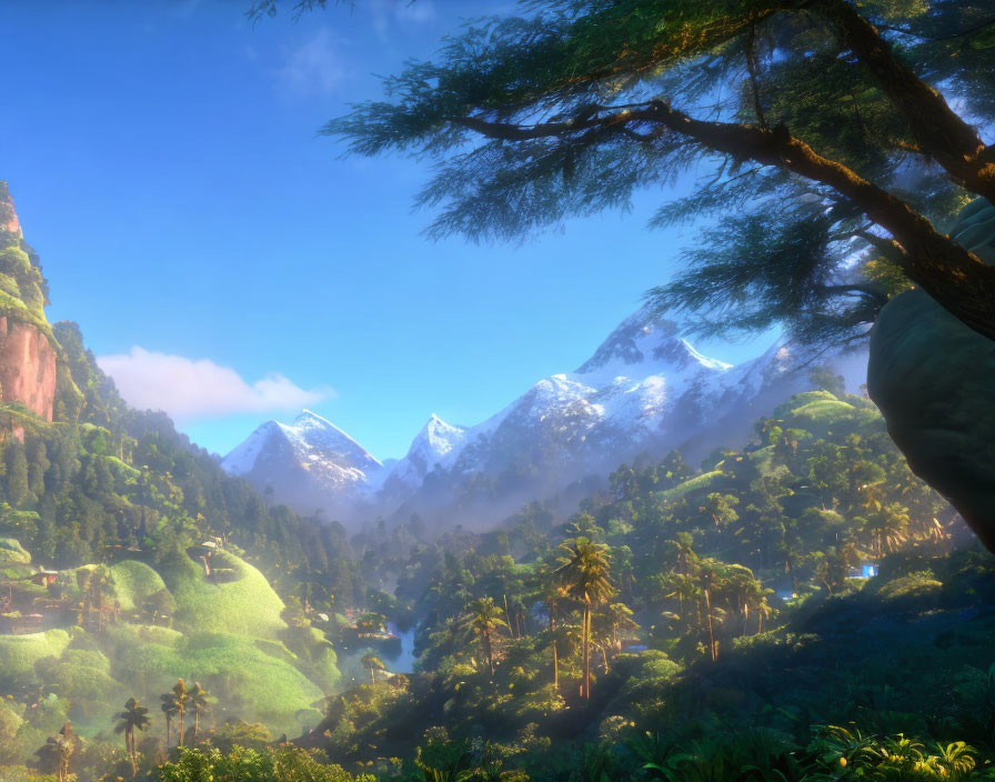 Scenic green landscape with towering mountains, dense forests, and clear blue sky