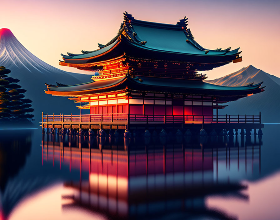 Traditional Japanese pagoda by serene lake with Mount Fuji at sunset.