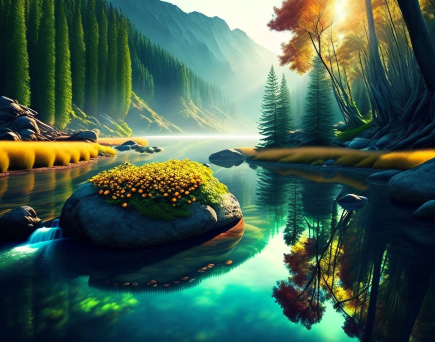 Tranquil river surrounded by lush forests and sunbeam on flower-covered rock