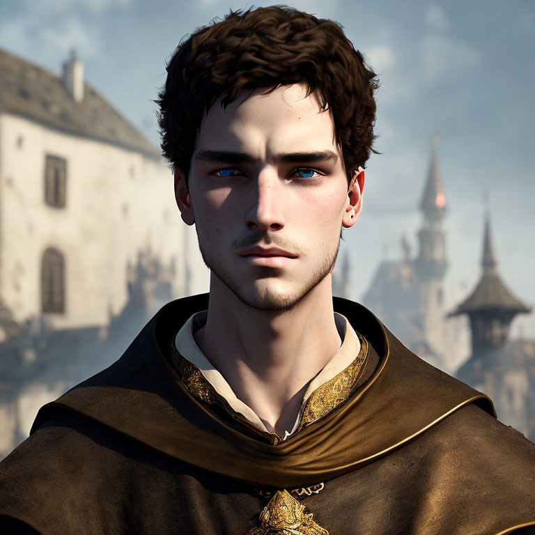 Digital portrait of young man in medieval attire with dark hair and blue eyes