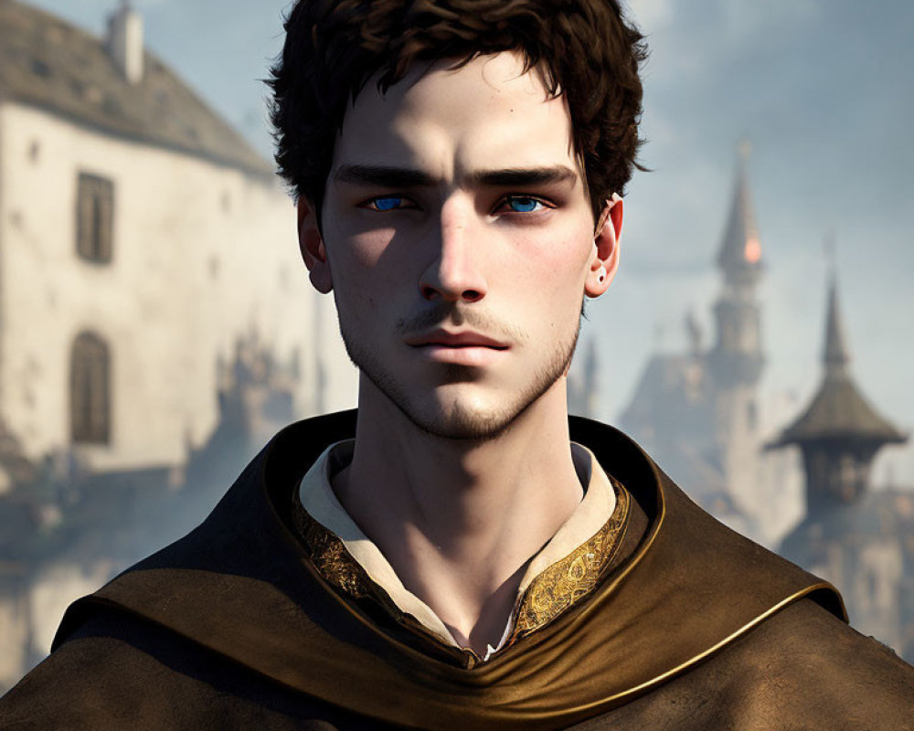 Digital portrait of young man in medieval attire with dark hair and blue eyes