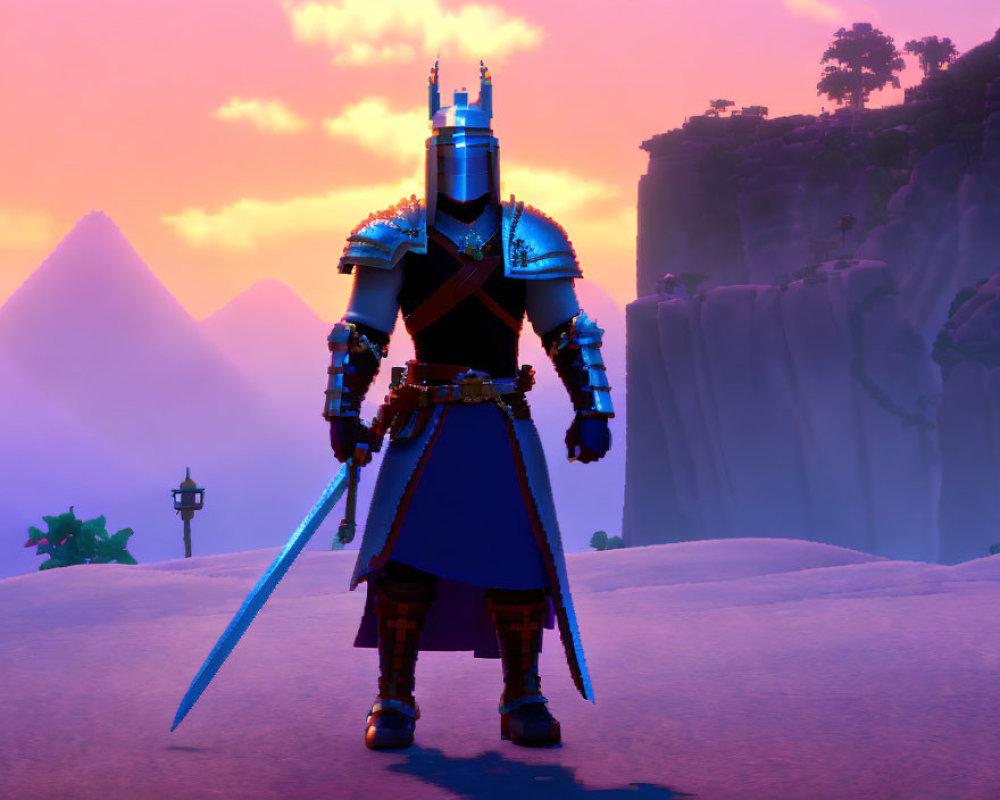 Knight in armor with blue cape and glowing sword against sunset mountains and waterfalls.