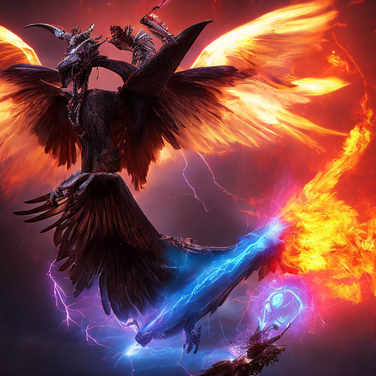 Fiery and Lightning Dragons Clash in Dramatic Scene