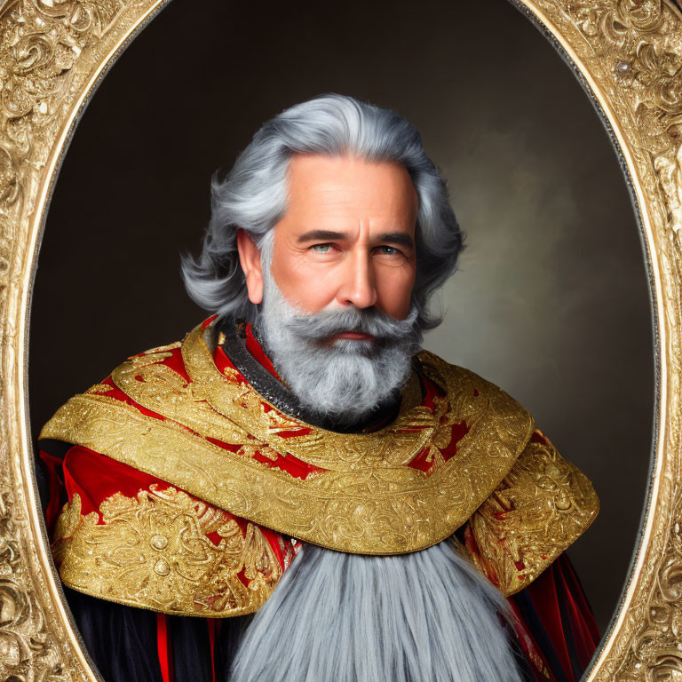 Elderly man with beard in regal attire against cloudy background