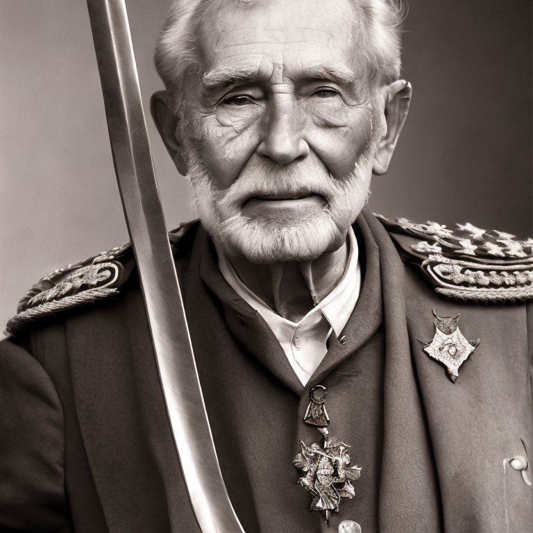 Elderly man in military uniform with medals and sword