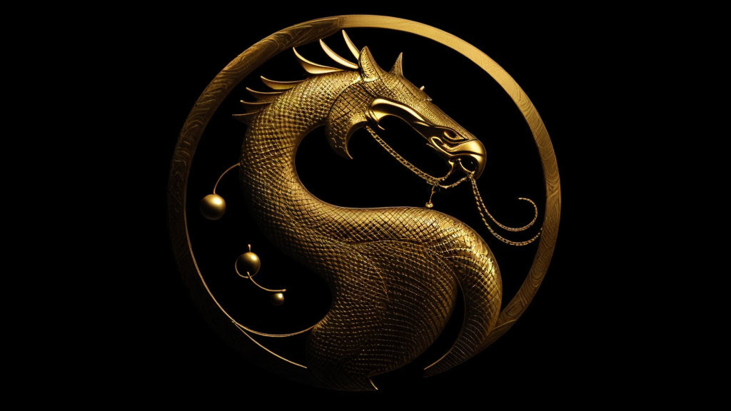 Golden dragon in circular frame on black background symbolizing elegance and mythical beauty