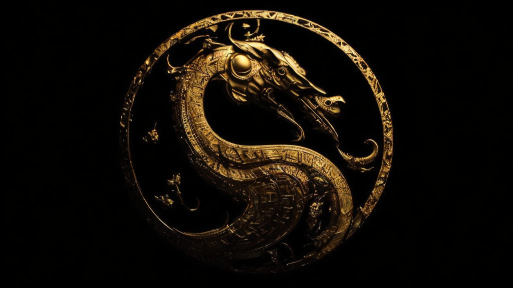 Intricate Golden Dragon Sculpture on Black Background