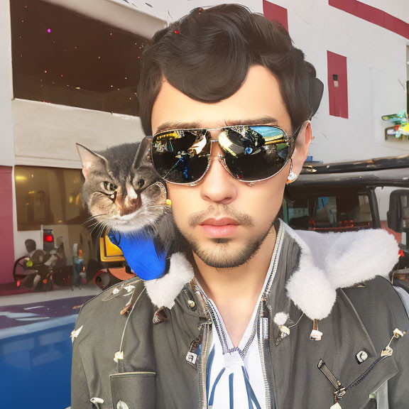 Fashionable individual with oversized sunglasses and a cat on shoulder in urban setting.