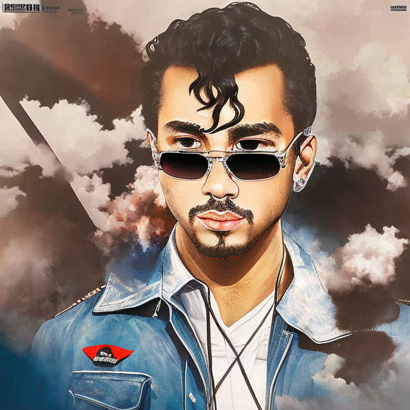 Man with curly hair in sunglasses and denim jacket against cloudy background with red-lipped motif