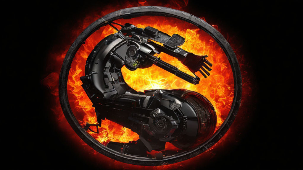 Black Futuristic Motorcycle in Circular Frame with Fiery Background