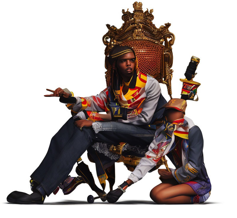 Vibrant modern clothing man on ornate throne with woman beside him