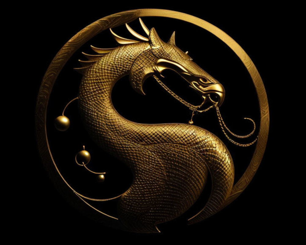 Golden dragon in circular frame on black background symbolizing elegance and mythical beauty