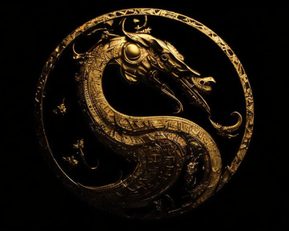 Intricate Golden Dragon Sculpture on Black Background