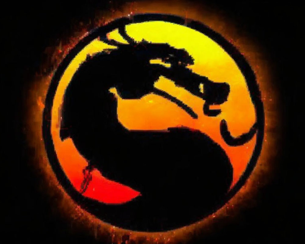 Silhouette of Unicorn with Flowing Mane in Glowing Orange and Red Circle