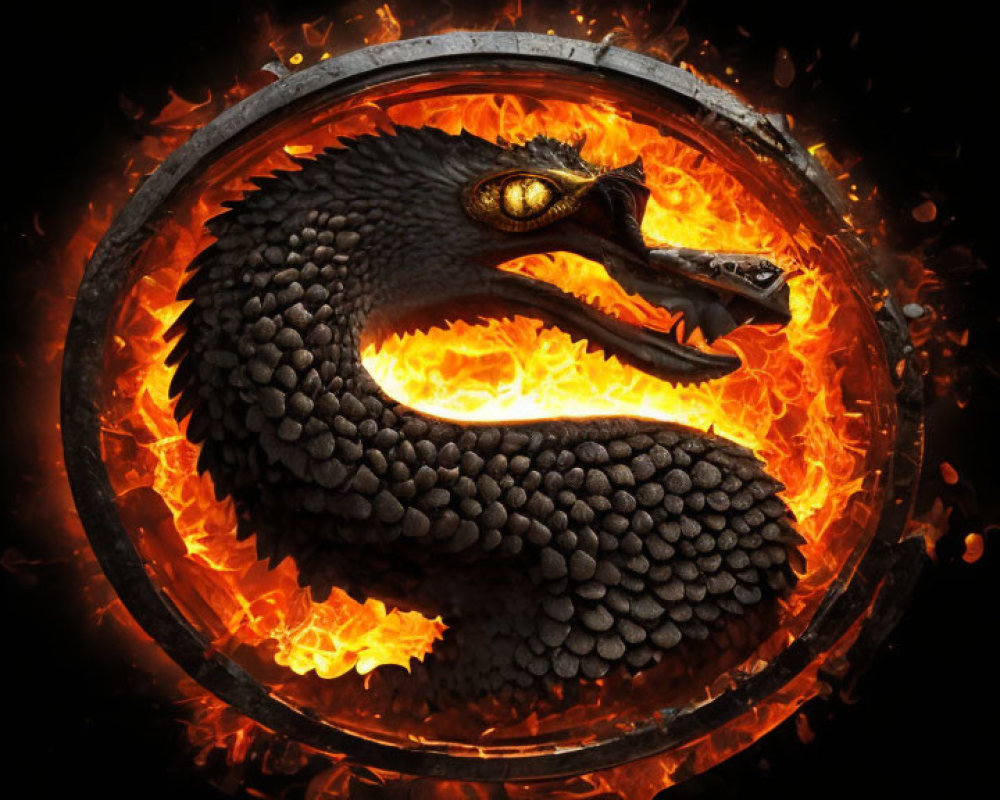 Circular emblem with stylized dragon and fiery elements