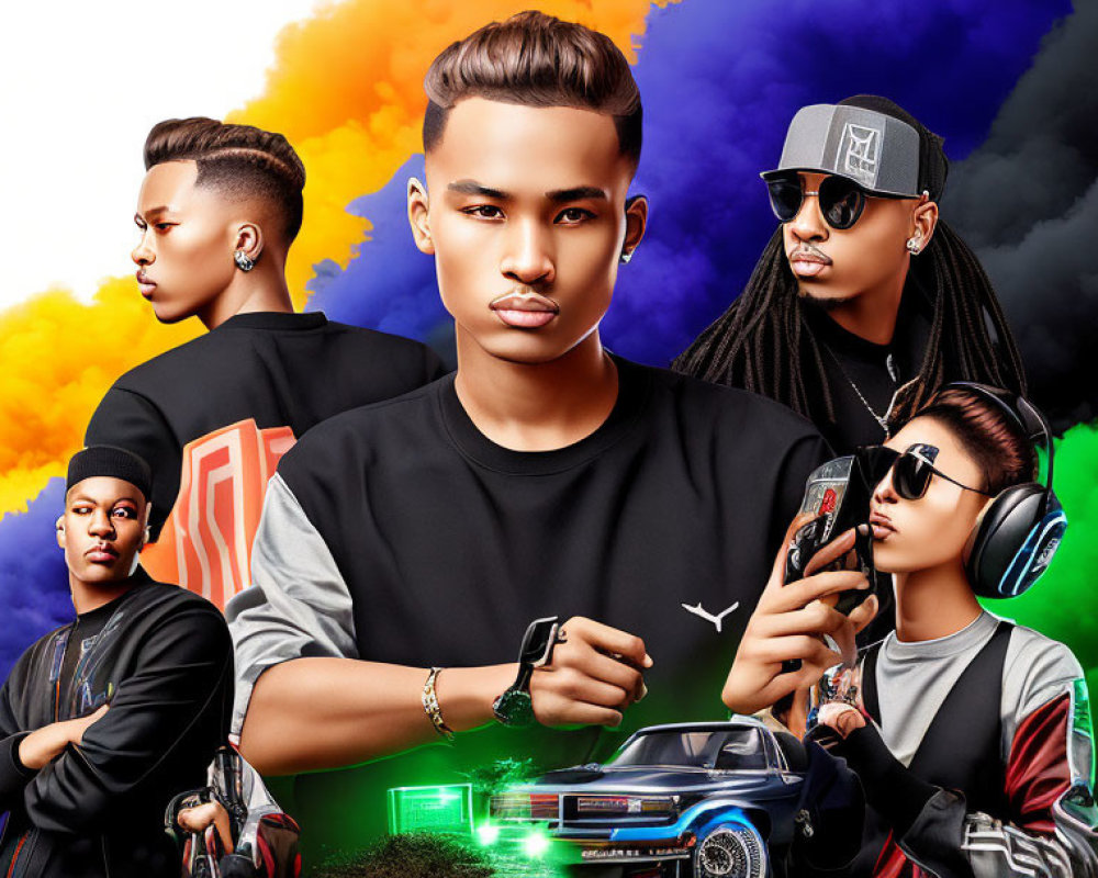 Five stylish individuals in casual and streetwear fashion against vibrant orange and blue smoke backdrop with neon-lit