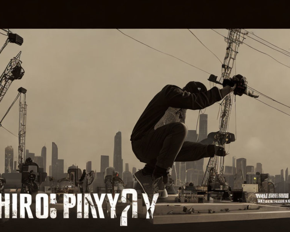 Person skateboarding mid-air in urban setting with stylized text overlay