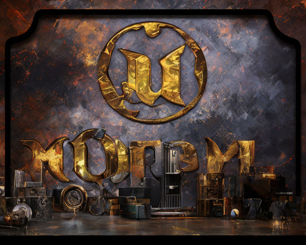 Textured metallic background with 3D stylized 'Q' logo and ornate "MOT