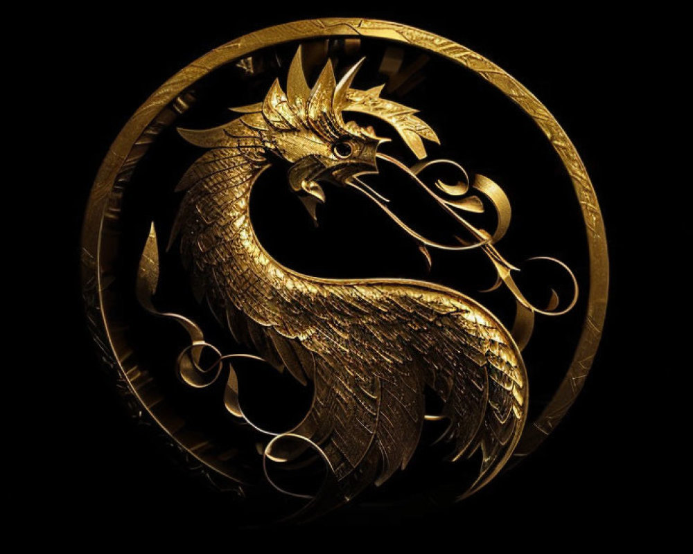 Golden Phoenix Circular Emblem on Black Background Symbolizing Rebirth & Luxury